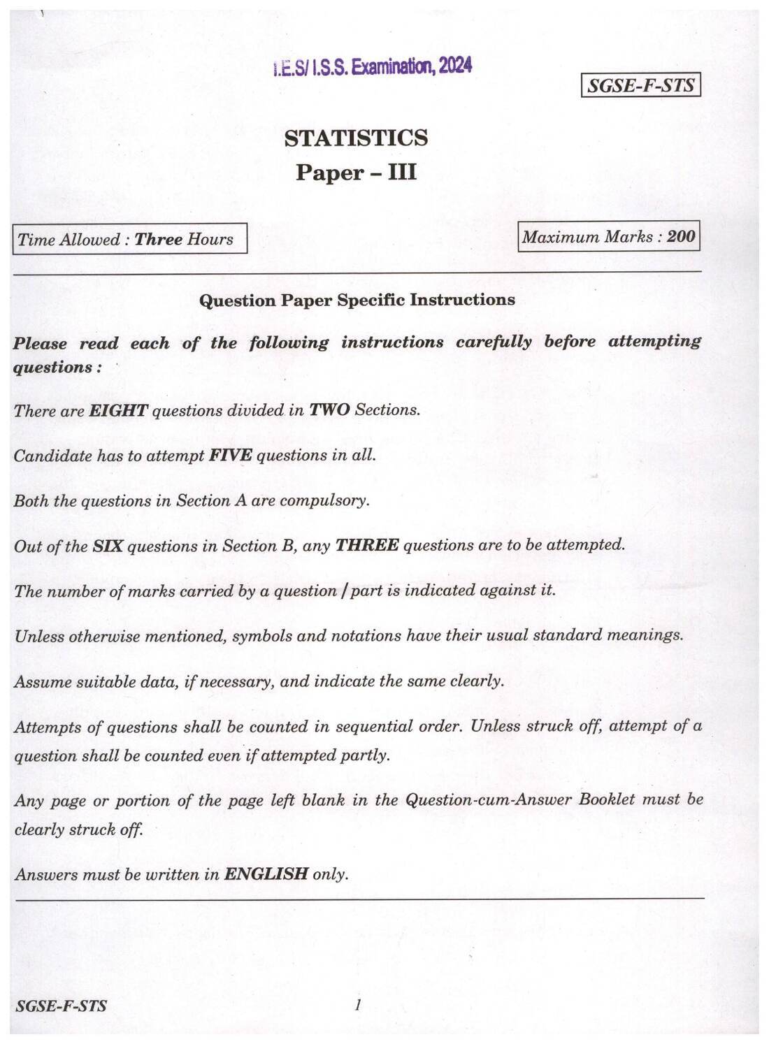 IES ISS 2024 Statistics Paper III question paper page 1 instructions scan PDF download UPSC exam paper
