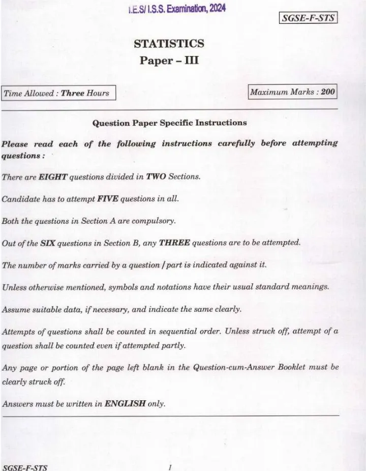 IES ISS 2024 Statistics Paper III question paper page 1 instructions scan PDF download UPSC exam paper