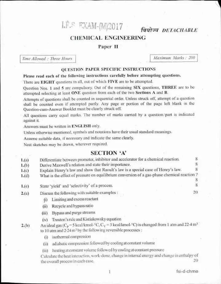 IFS 2017 Chemical Engineering Paper II (Paper II) – 200 Marks — page 1 instructions scan PDF download