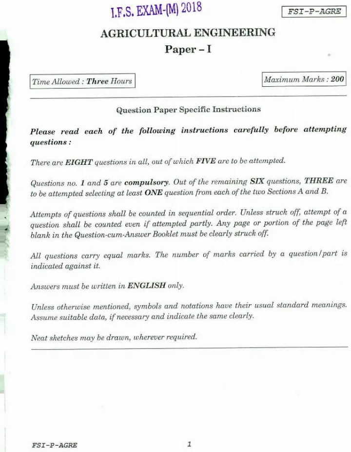 IFS 2018 Agricultural Engg Paper I - Descriptive Questions — page 1 instructions scan PDF download
