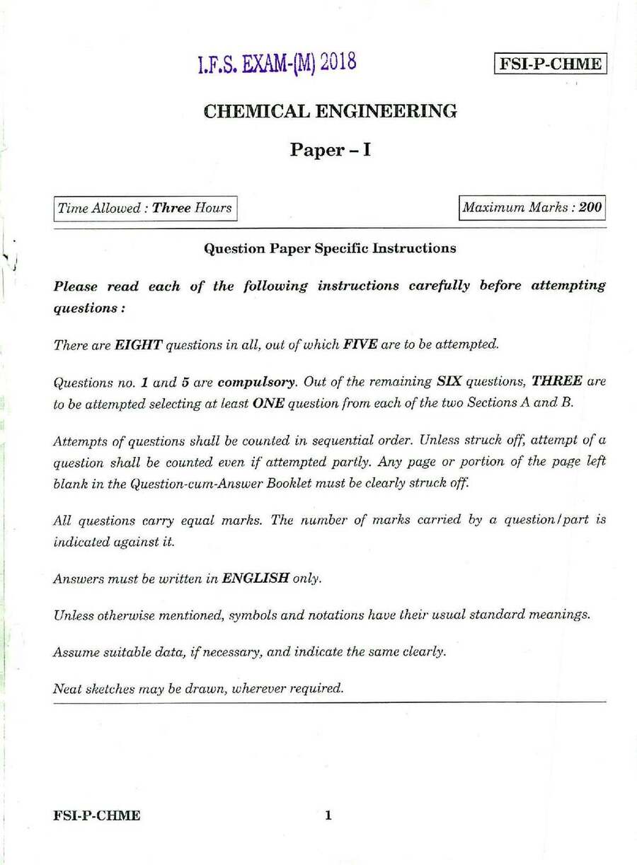 IFS 2018 Chemical Engineering Paper I - Main — page 1 instructions scan PDF download