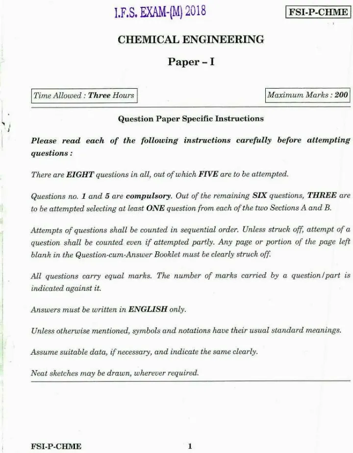 IFS 2018 Chemical Engineering Paper I - Main — page 1 instructions scan PDF download