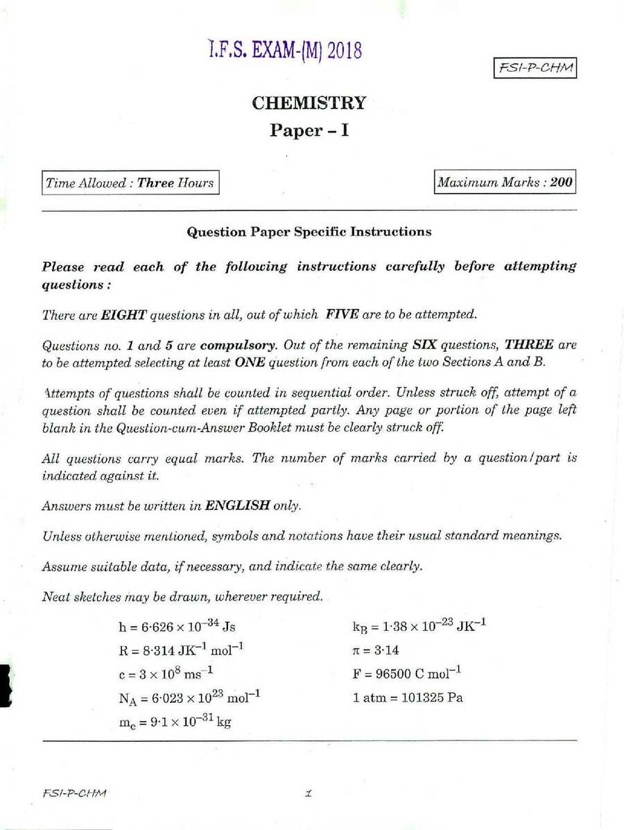 IFS CHEMISTRY 2018 Paper I - Question Paper — page 1 instructions scan PDF download