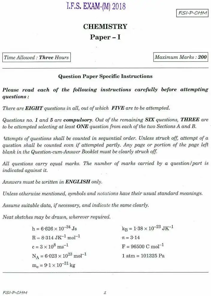 IFS CHEMISTRY 2018 Paper I - Question Paper — page 1 instructions scan PDF download