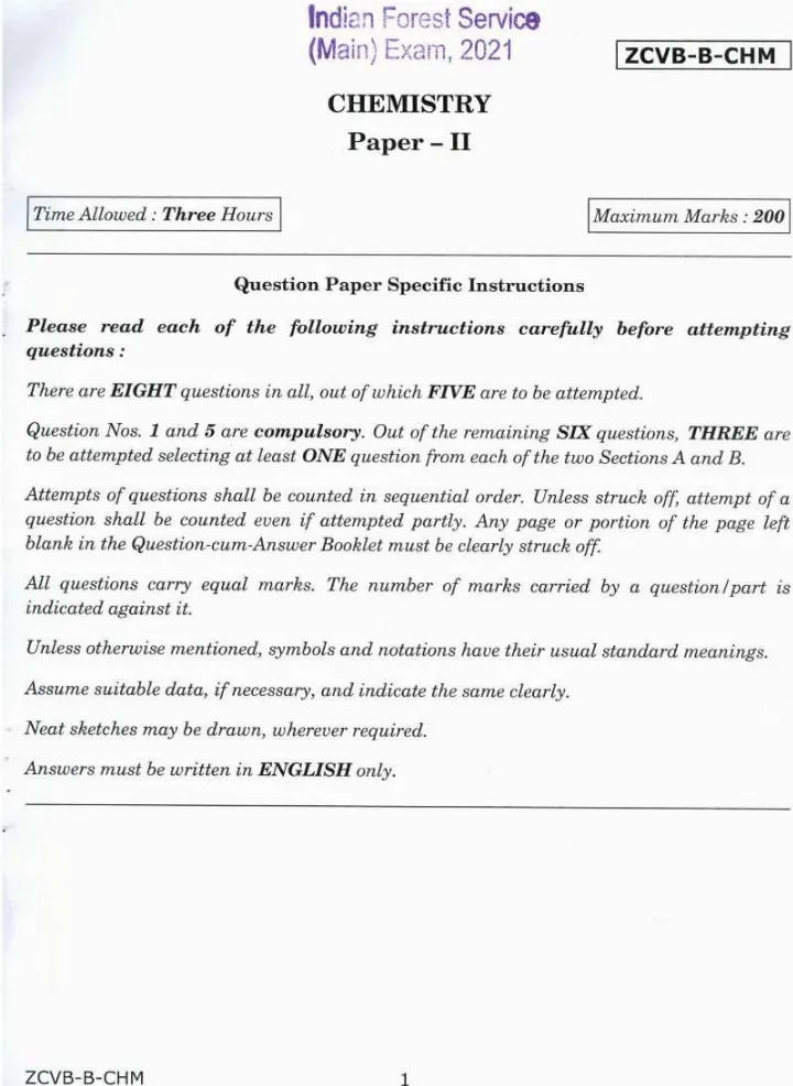 IFoS Chemistry Paper II 2021 - ZCVB-B-CHM — page 1 instructions scan PDF download