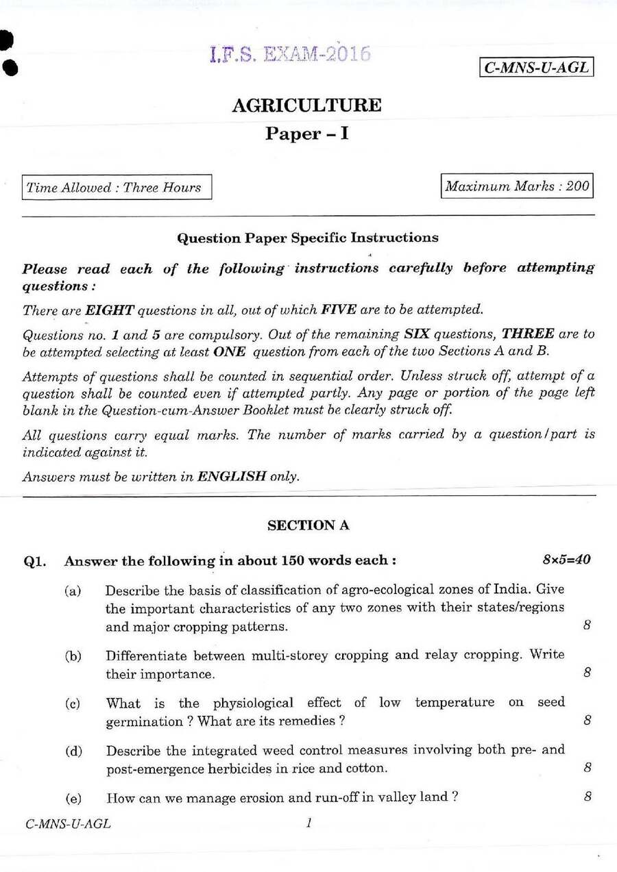 IFS 2016 Agriculture Paper I question paper page 1 instructions scan PDF download UPSC