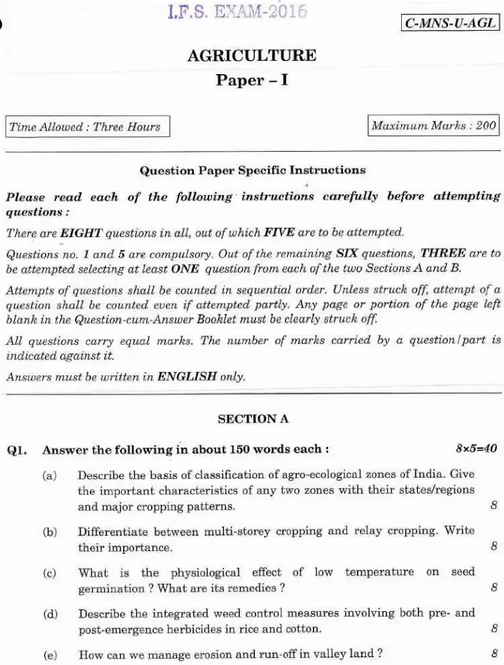 IFS 2016 Agriculture Paper I question paper page 1 instructions scan PDF download UPSC