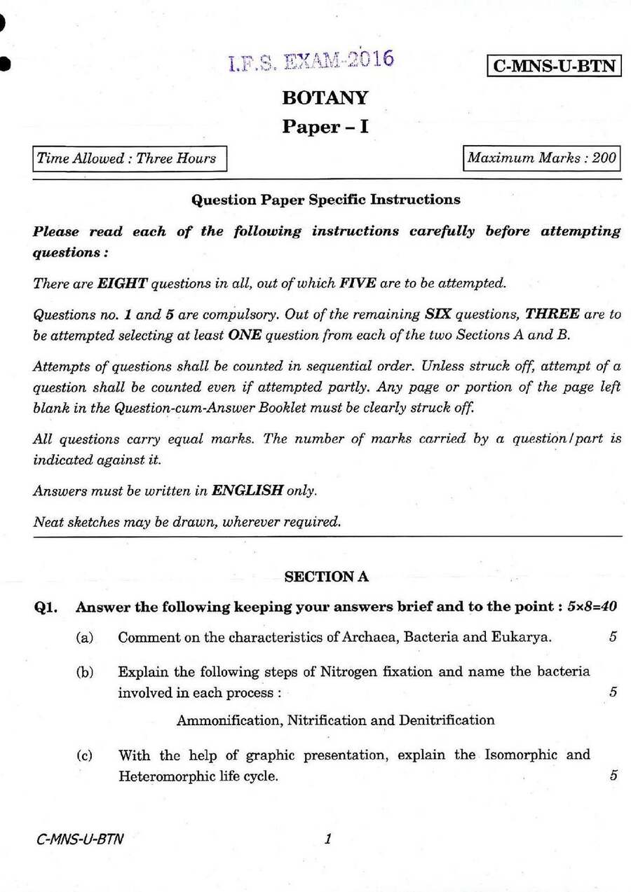 IFS Exam 2016 Botany Paper I question paper page 1 instructions and header scan PDF download
