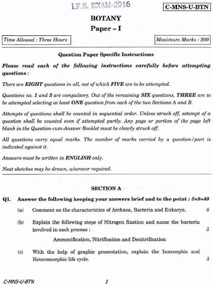 IFS Exam 2016 Botany Paper I question paper page 1 instructions and header scan PDF download