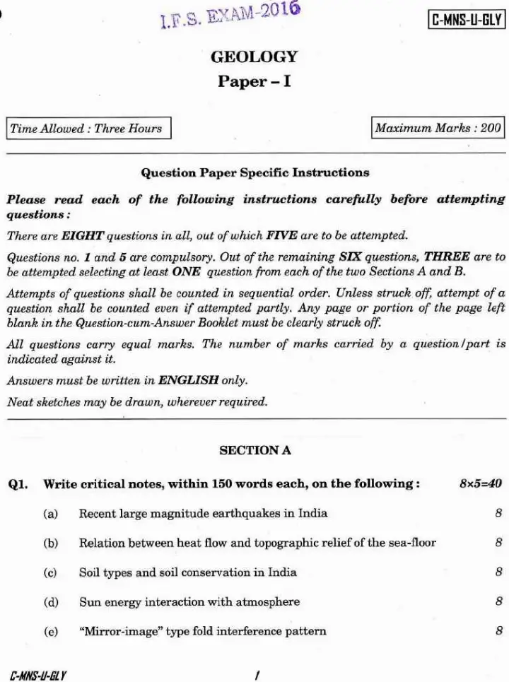 IFS I 2016 Geology Paper I question paper page 1 instructions scan PDF download UPSC