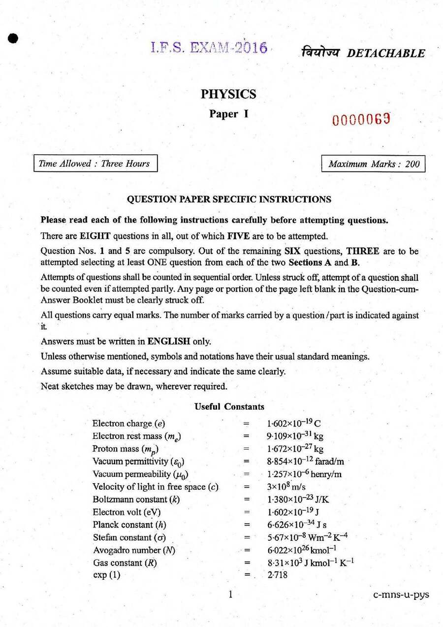 IFS Exam 2016 Physics Paper I question paper page 1 instructions scan PDF download. UPSC IFS 2016 Physics Paper I exam header and instructions.