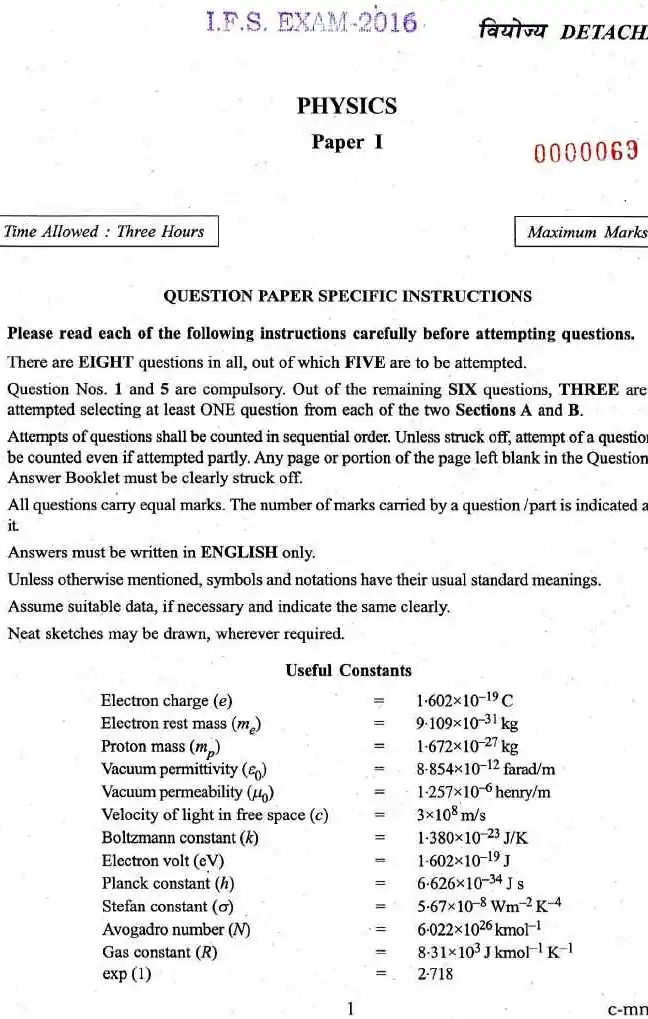 IFS Exam 2016 Physics Paper I question paper page 1 instructions scan PDF download. UPSC IFS 2016 Physics Paper I exam header and instructions.