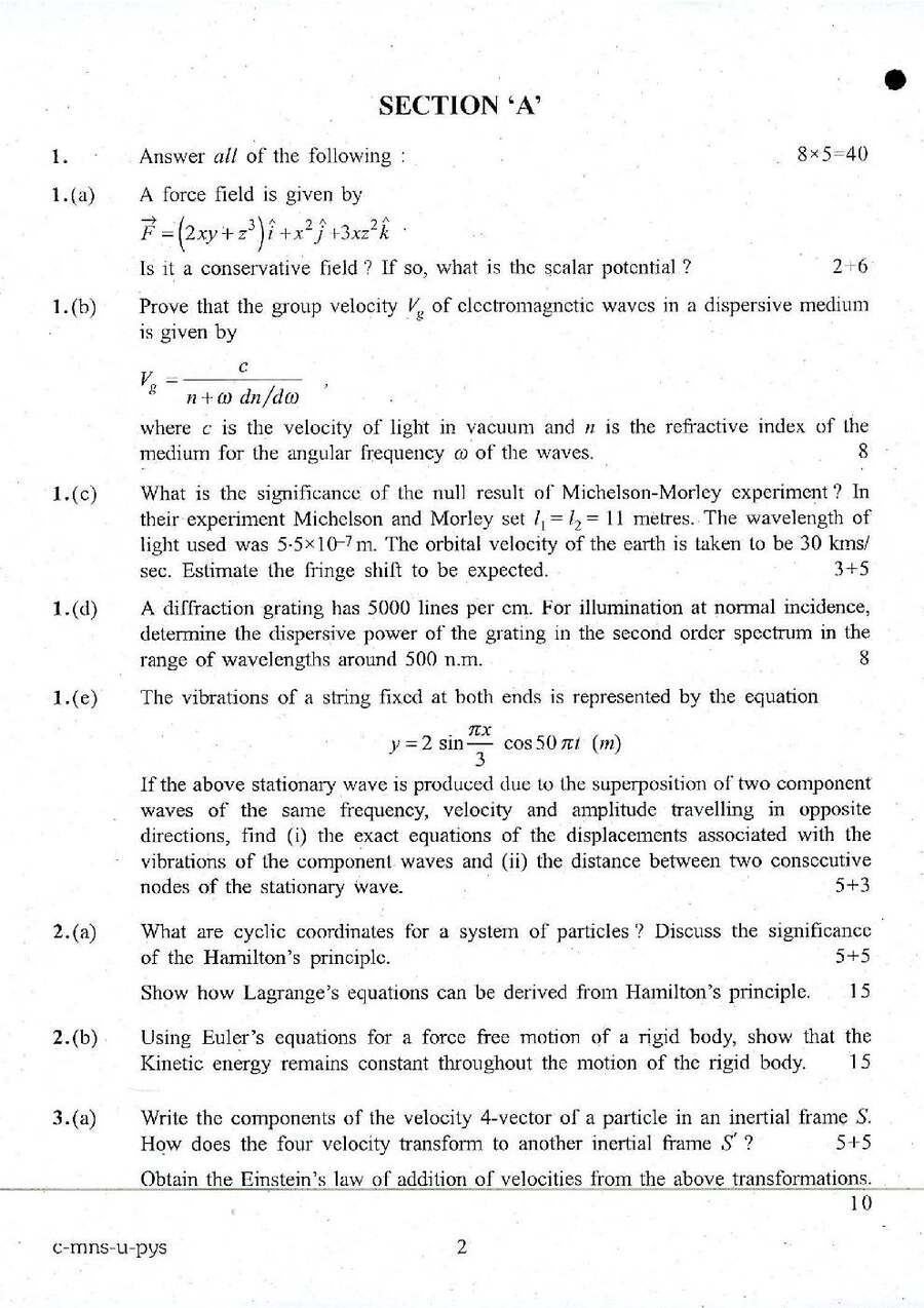IFS Exam 2016 Physics Paper I question paper page 1 instructions scan PDF download. UPSC IFS 2016 Physics Paper I exam header and instructions.