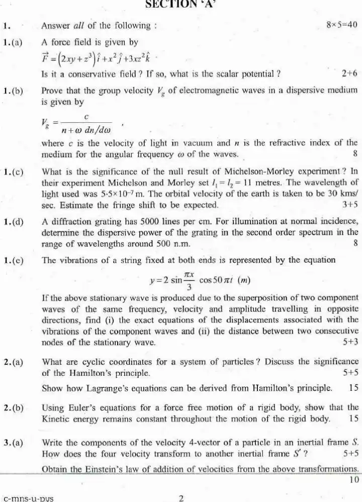 IFS Exam 2016 Physics Paper I question paper page 1 instructions scan PDF download. UPSC IFS 2016 Physics Paper I exam header and instructions.