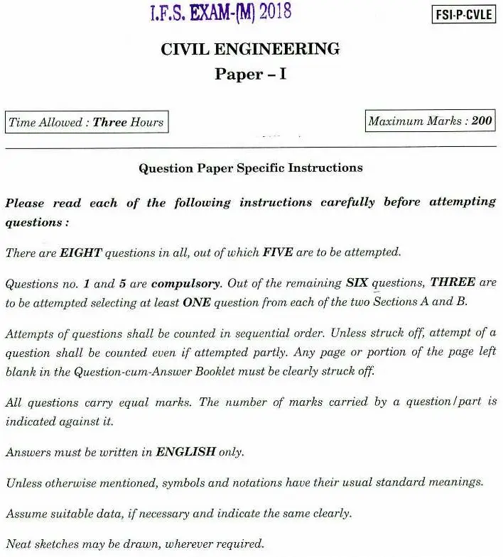 IFS 2018 Civil Engineering Paper I: Objective & Descriptive (FSI-P-CVLE) — page 1 instructions scan PDF download