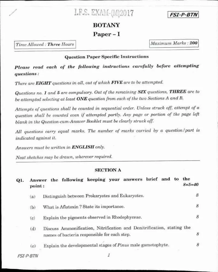 IFS Mains 2017 Botany Paper I question paper page 1 scan showing exam header and instructions. UPSC Indian Forest Service exam PDF download.