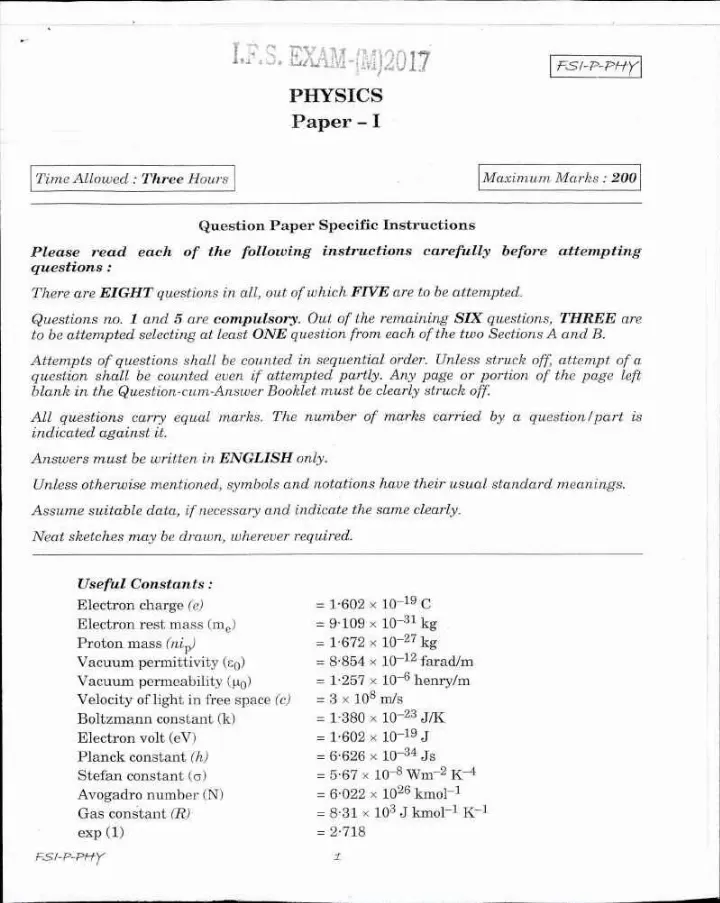 IFS (M) 2017 Physics Paper I question paper page 1 instructions scan PDF download UPSC