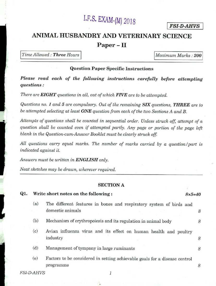 IFS Main 2018 Animal Husbandry and Veterinary Science Paper II question paper page 1 instructions scan PDF download