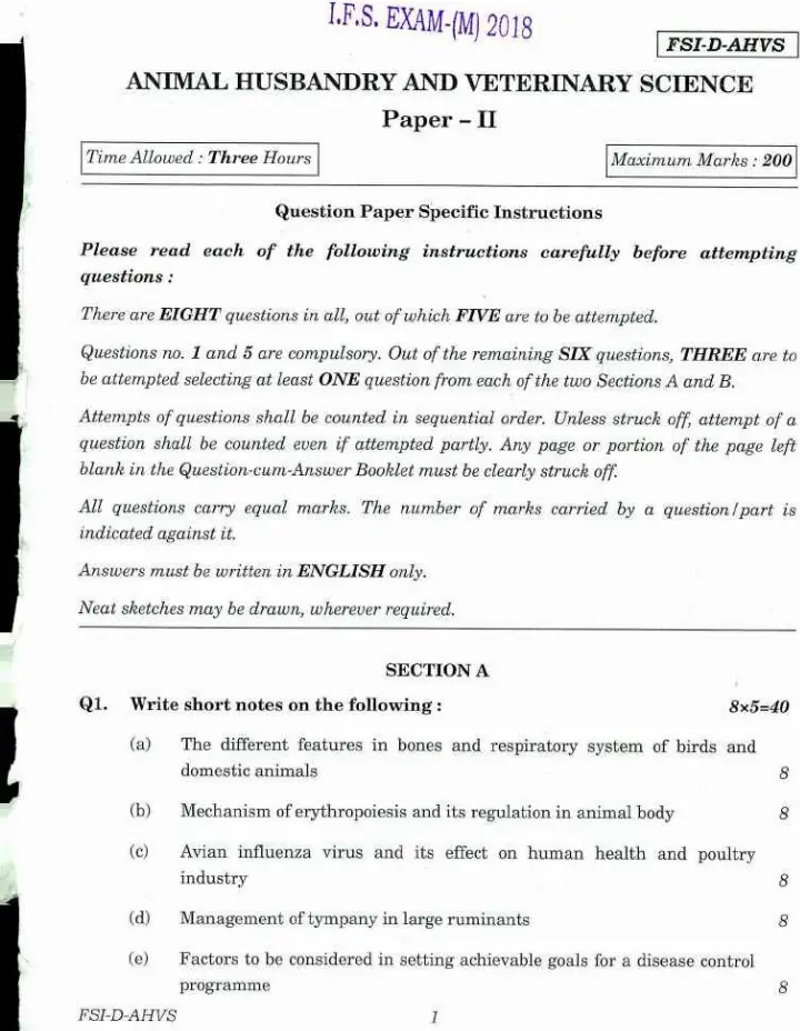 IFS Main 2018 Animal Husbandry and Veterinary Science Paper II question paper page 1 instructions scan PDF download