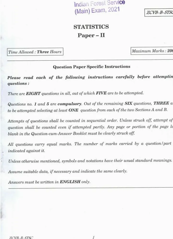 Statistics Paper II (IFS Mains 2021) – Section A & B MCQ Preview — page 1 instructions scan PDF download