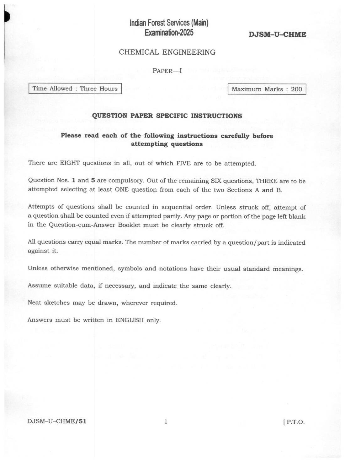 IFS 2025 Chemical Engg Paper-I - Paper Details — page 1 instructions scan PDF download