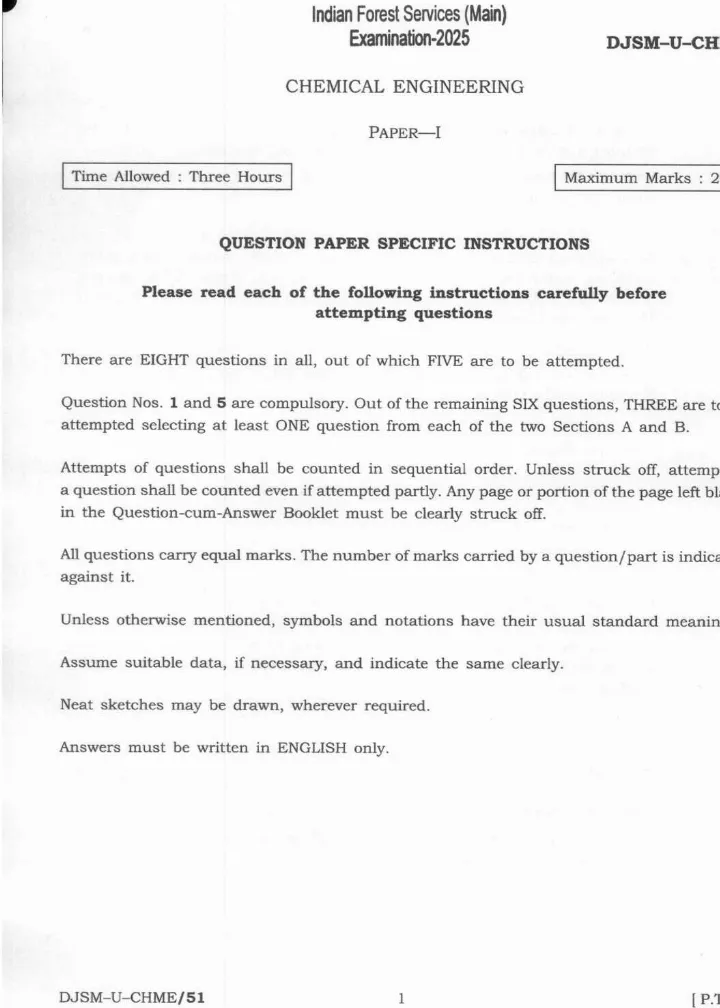 IFS 2025 Chemical Engg Paper-I - Paper Details — page 1 instructions scan PDF download