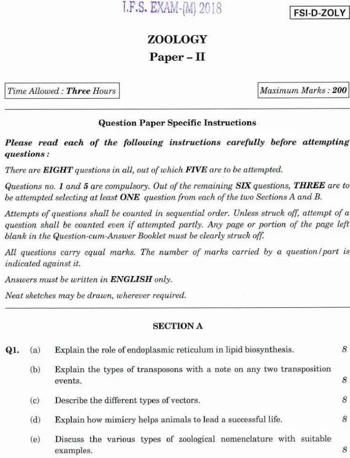 IFS Mains 2018 Zoology Paper II question paper page 1 instructions scan PDF download. Includes exam details and specific instructions for candidates.