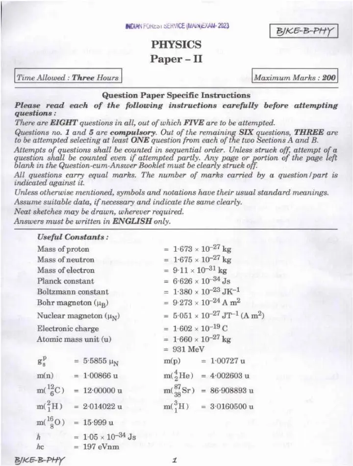 IFS Physics Paper II 2023 - MCQ & Descriptive — page 1 instructions scan PDF download