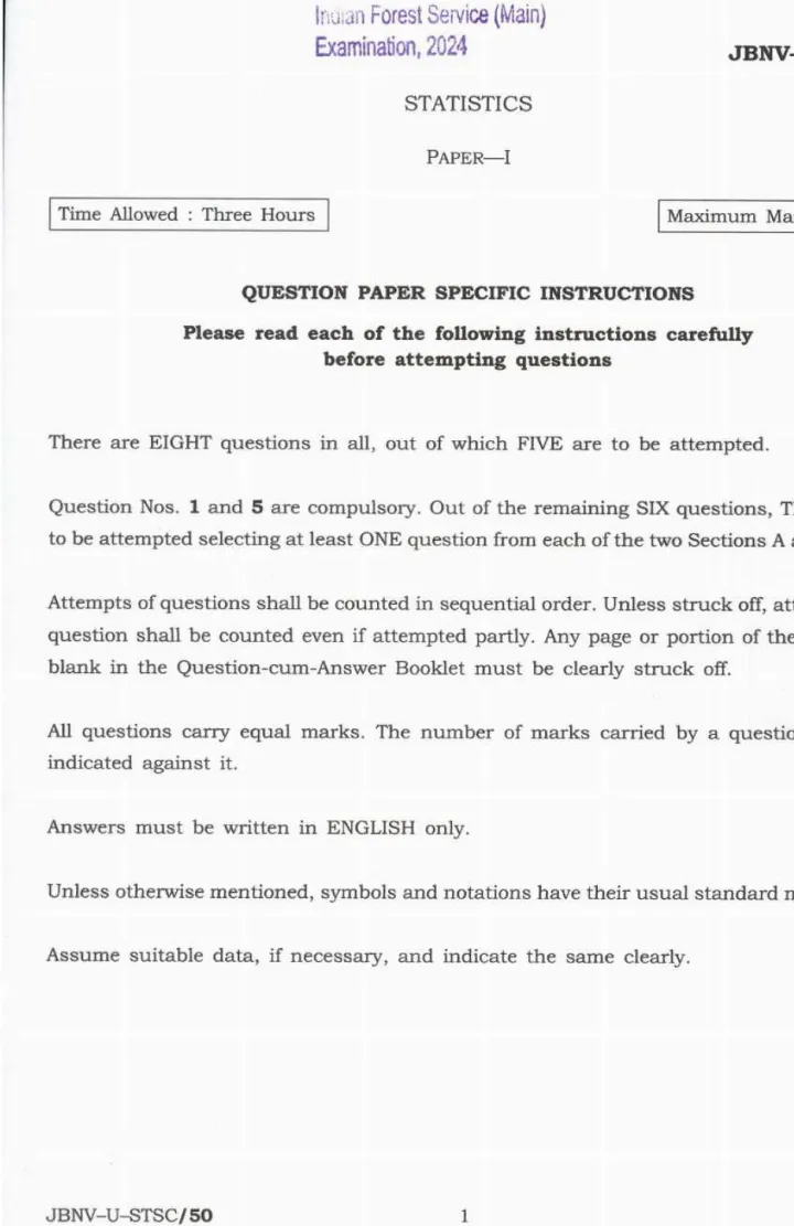 IFS Statistics Paper I 2024 – Central Government Jobs Exam — page 1 instructions scan PDF download