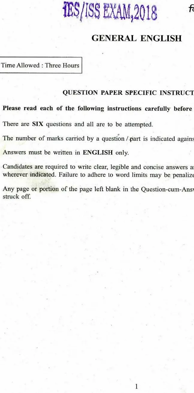 IES ISS 2018 General English question paper page 1 instructions scan PDF download UPSC Exam