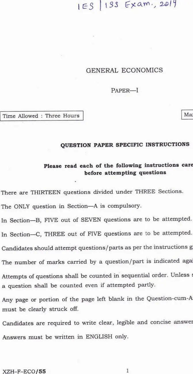 IES ISS 2019 General Economics Paper I question paper page 1 instructions scan PDF download UPSC