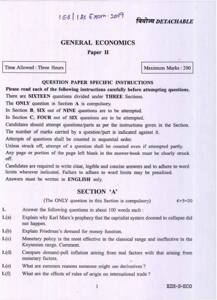 IES ISS 2019 General Economics Paper II question paper page 1 instructions scan PDF download UPSC exam paper