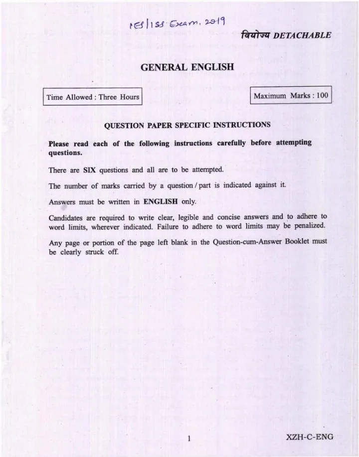 IES ISS 2019 General English question paper page 1 instructions scan PDF download UPSC