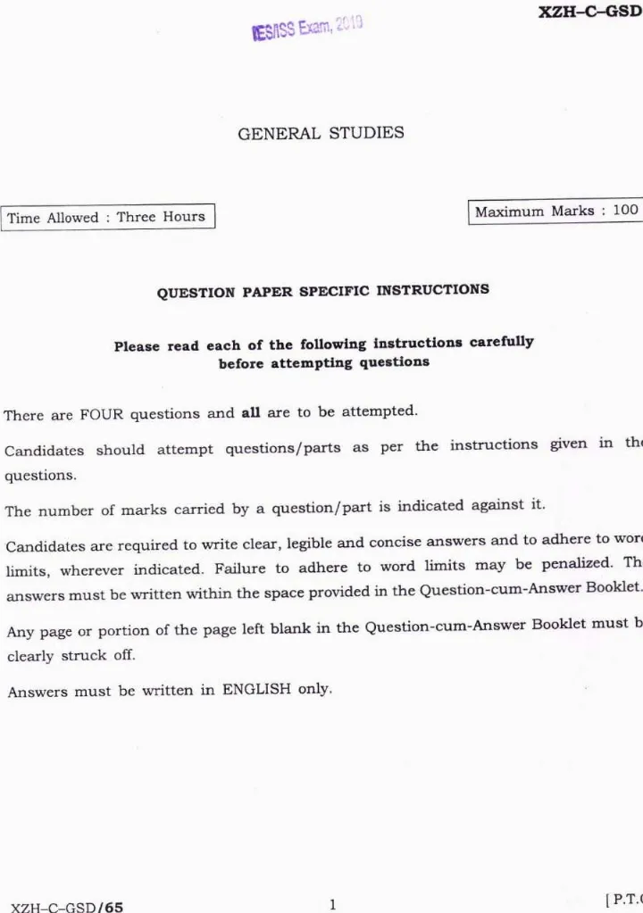 IES ISS 2019 General Studies question paper page 1 instructions and exam header scan PDF download
