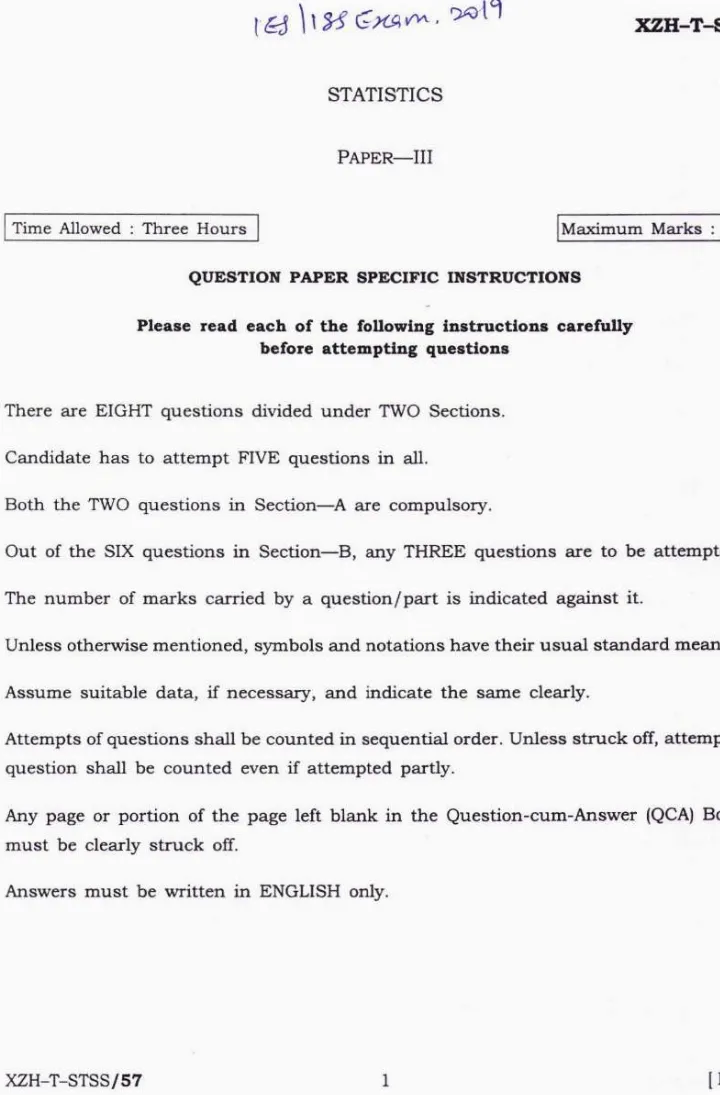 Indian Economic Service Indian Statistical Service Examination 2019 Statistics Paper III question paper page 1 instructions and header scan PDF download