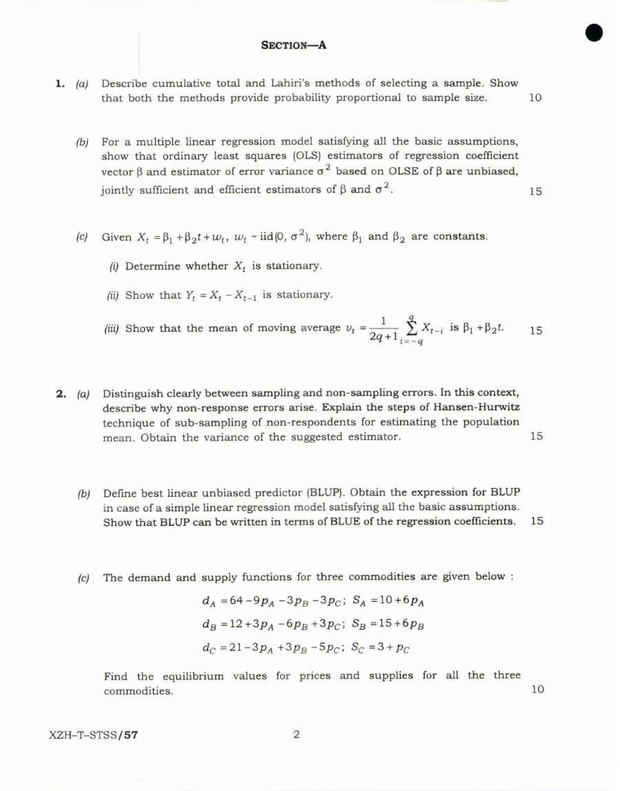 Indian Economic Service Indian Statistical Service Examination 2019 Statistics Paper III question paper page 1 instructions and header scan PDF download