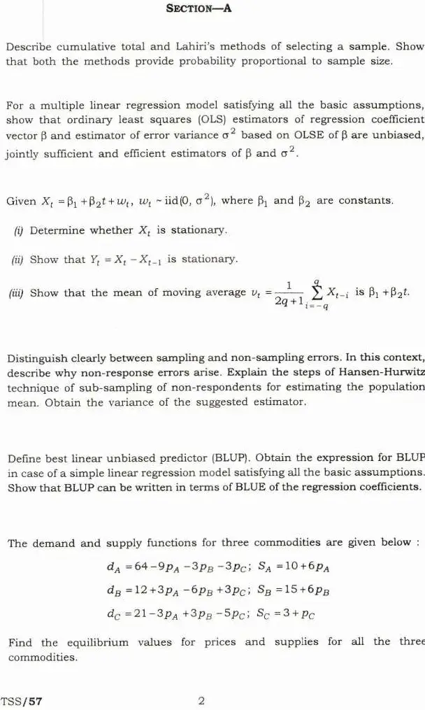 Indian Economic Service Indian Statistical Service Examination 2019 Statistics Paper III question paper page 1 instructions and header scan PDF download