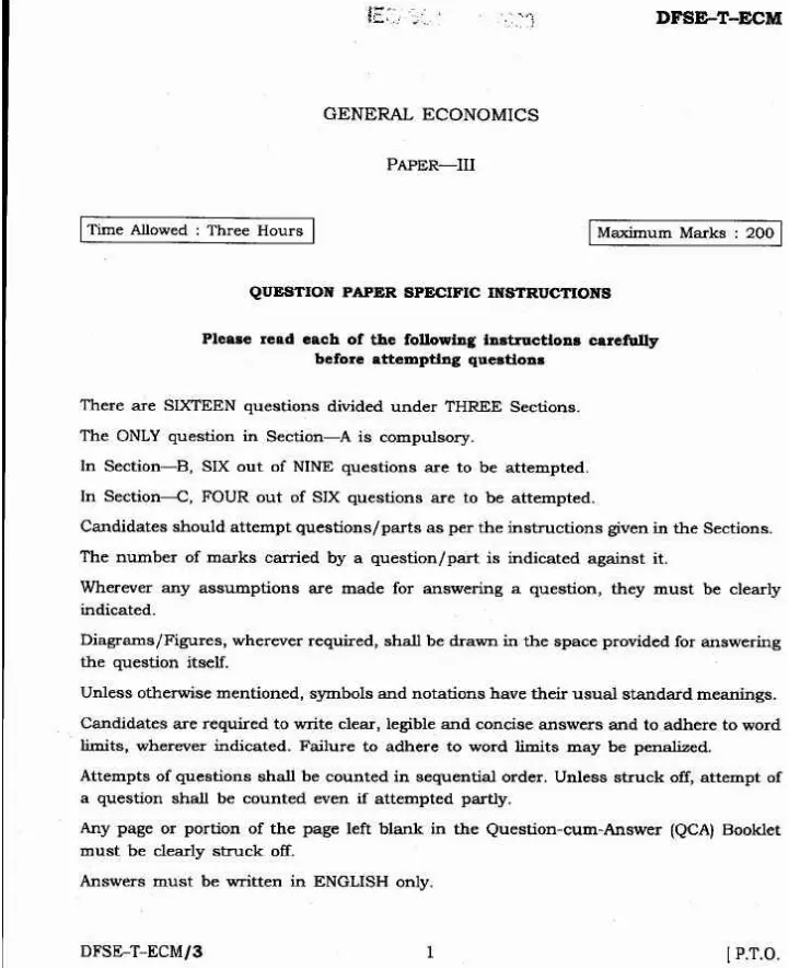 IES ISS 2020 General Economics Paper III question paper page 1 instructions scan PDF download UPSC