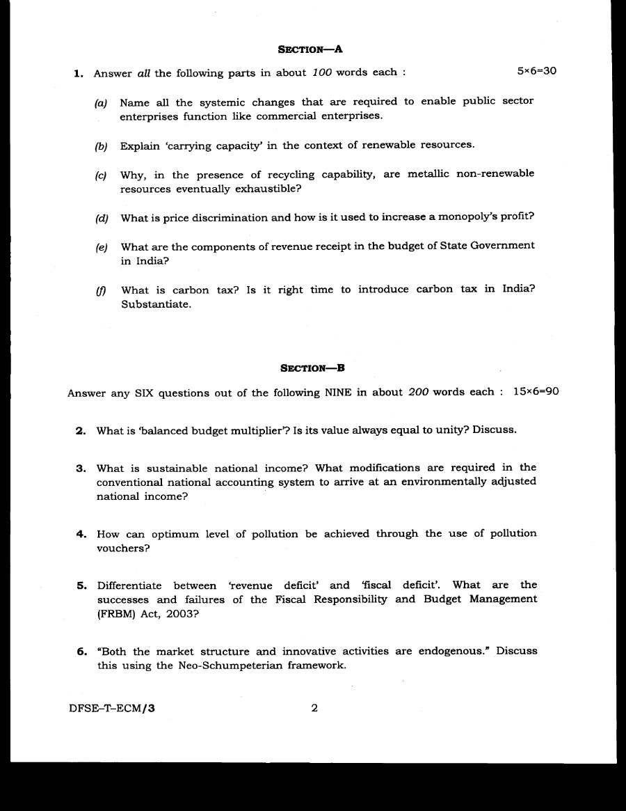 IES ISS 2020 General Economics Paper III question paper page 1 instructions scan PDF download UPSC