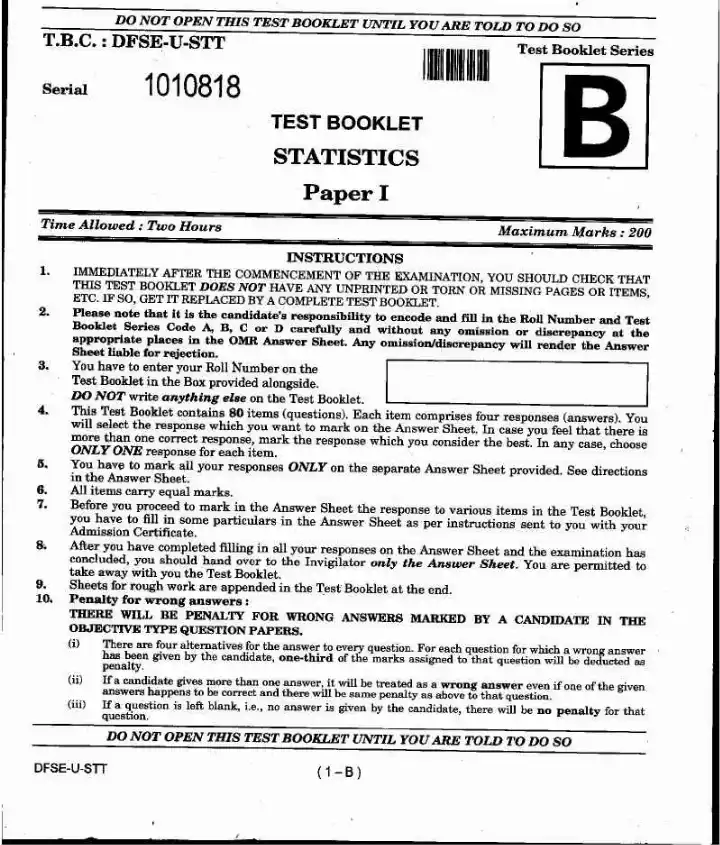 IES ISS 2020 Statistics Paper I question paper page 1 instructions and exam header scan PDF download