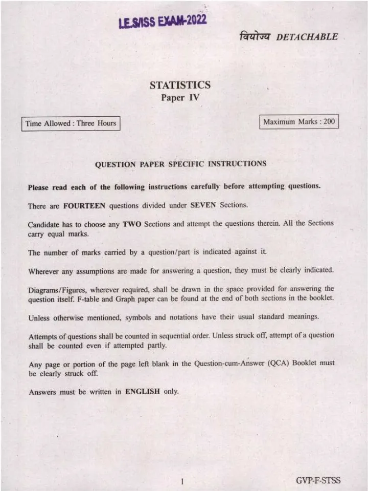 IES ISS 2022 Statistics Paper IV question paper page 1 instructions scan PDF download UPSC