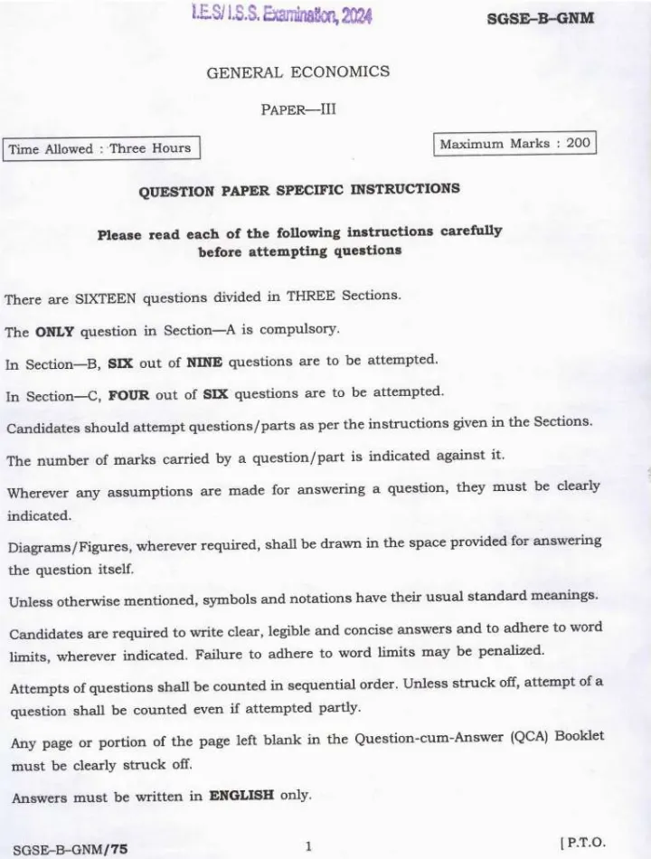 IES ISS 2024 General Economics Paper III question paper page 1 instructions scan PDF download UPSC exam