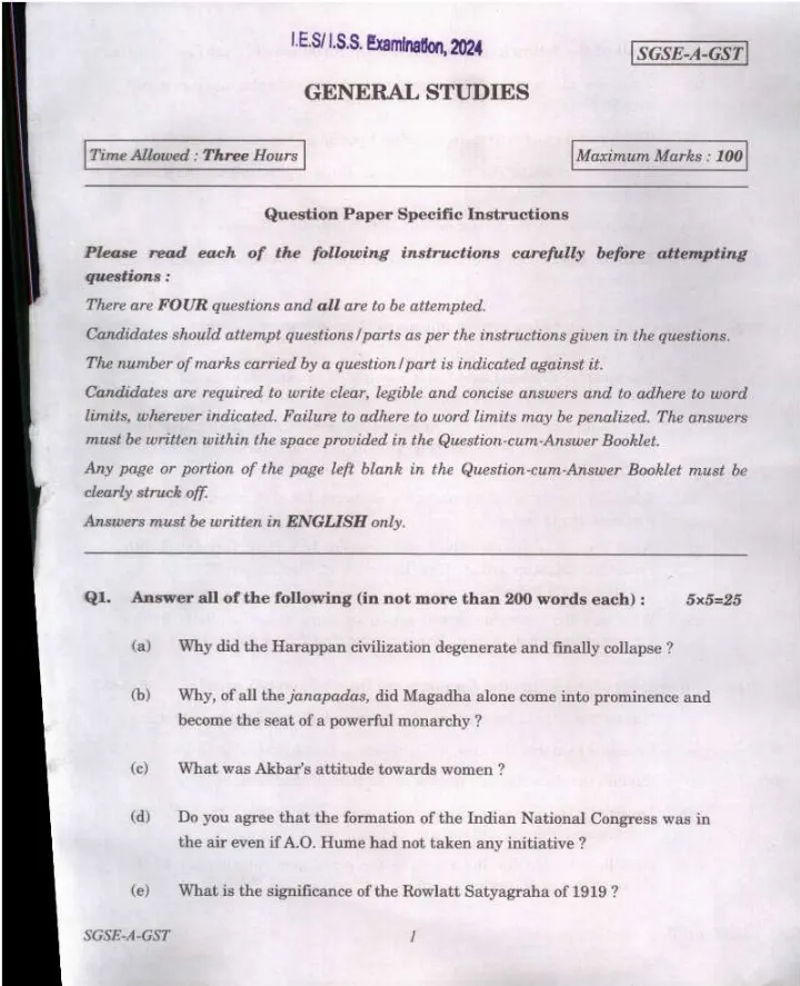 IES ISS 2024 General Studies question paper page 1 instructions scan PDF download UPSC