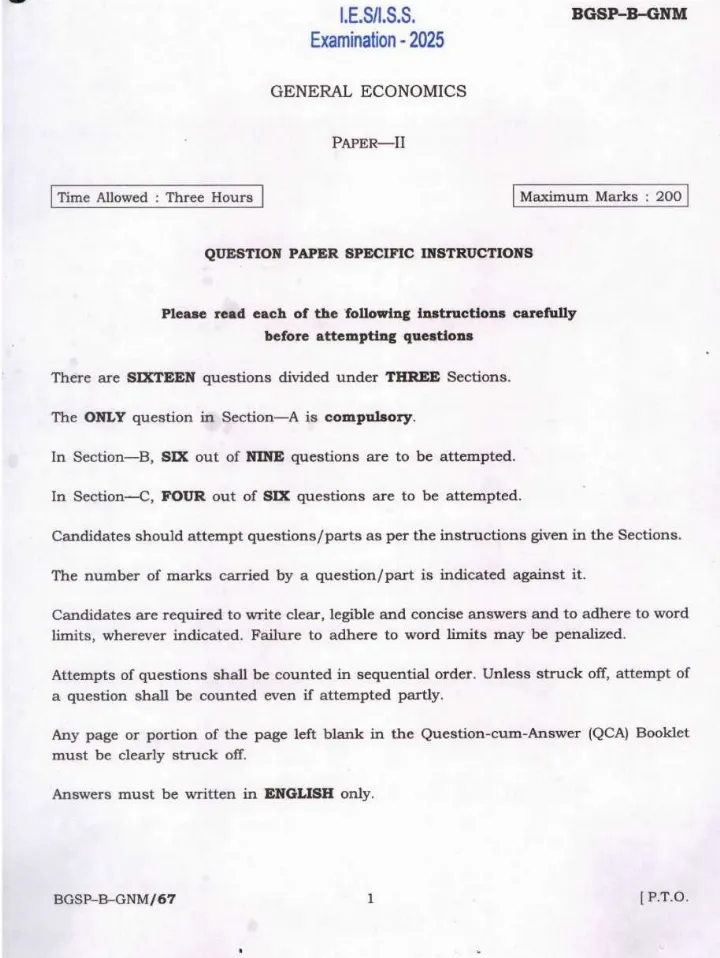 IES ISS 2025 General Economics Paper II question paper page 1 instructions scan PDF download UPSC