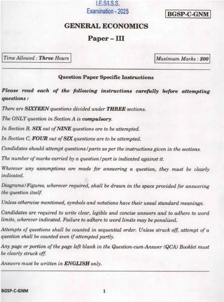 IES ISS 2025 General Economics Paper III question paper page 1 instructions scan PDF download