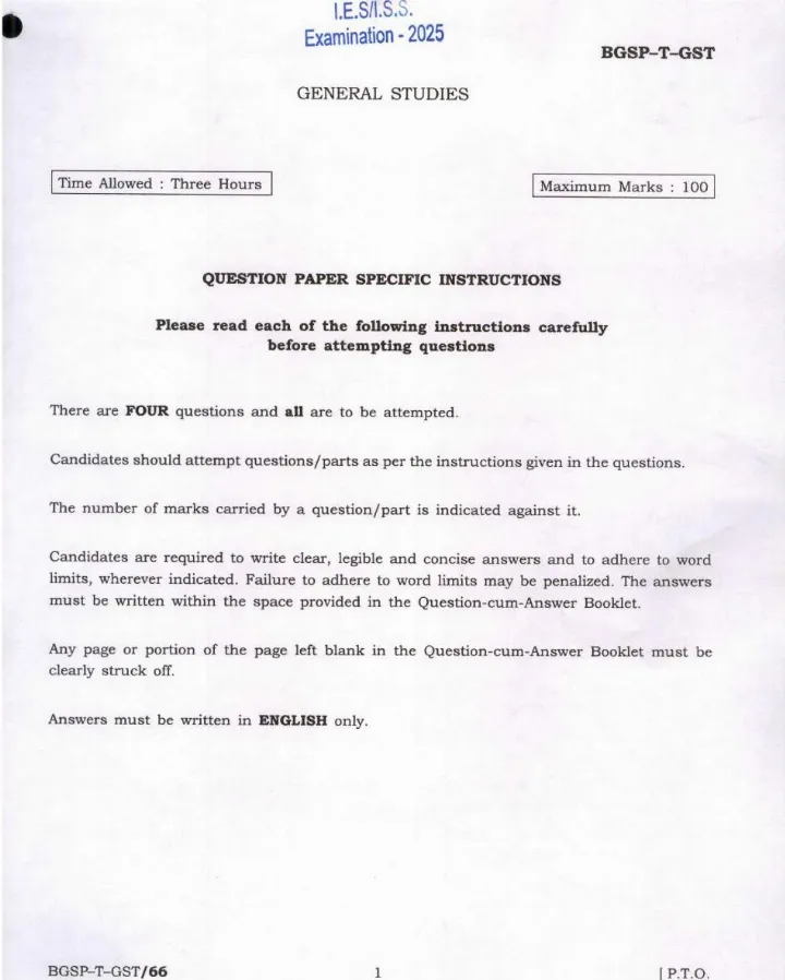 IES ISS 2025 General Studies question paper page 1 instructions scan PDF download UPSC exam