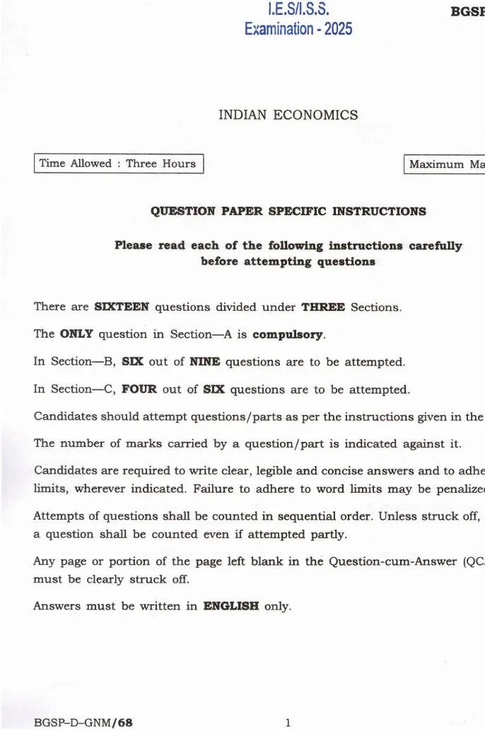 IES ISS 2025 Indian Economics question paper page 1 instructions scan PDF download UPSC exam
