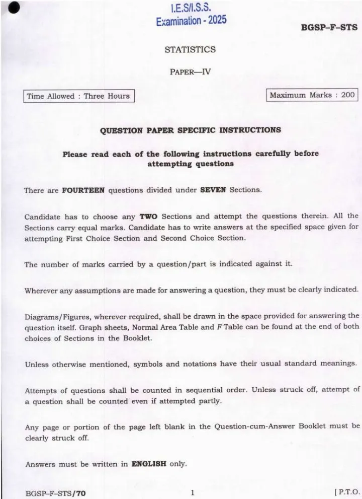Indian Economic Service - Indian Statistical Service Examination 2025 — IV Question Paper PDF Download — page 1 instructions scan PDF download