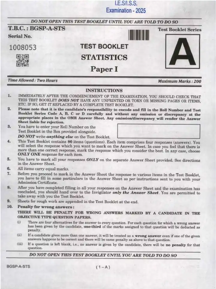 IES ISS 2025 Statistics Paper I question paper page 1 instructions scan PDF download UPSC exam
