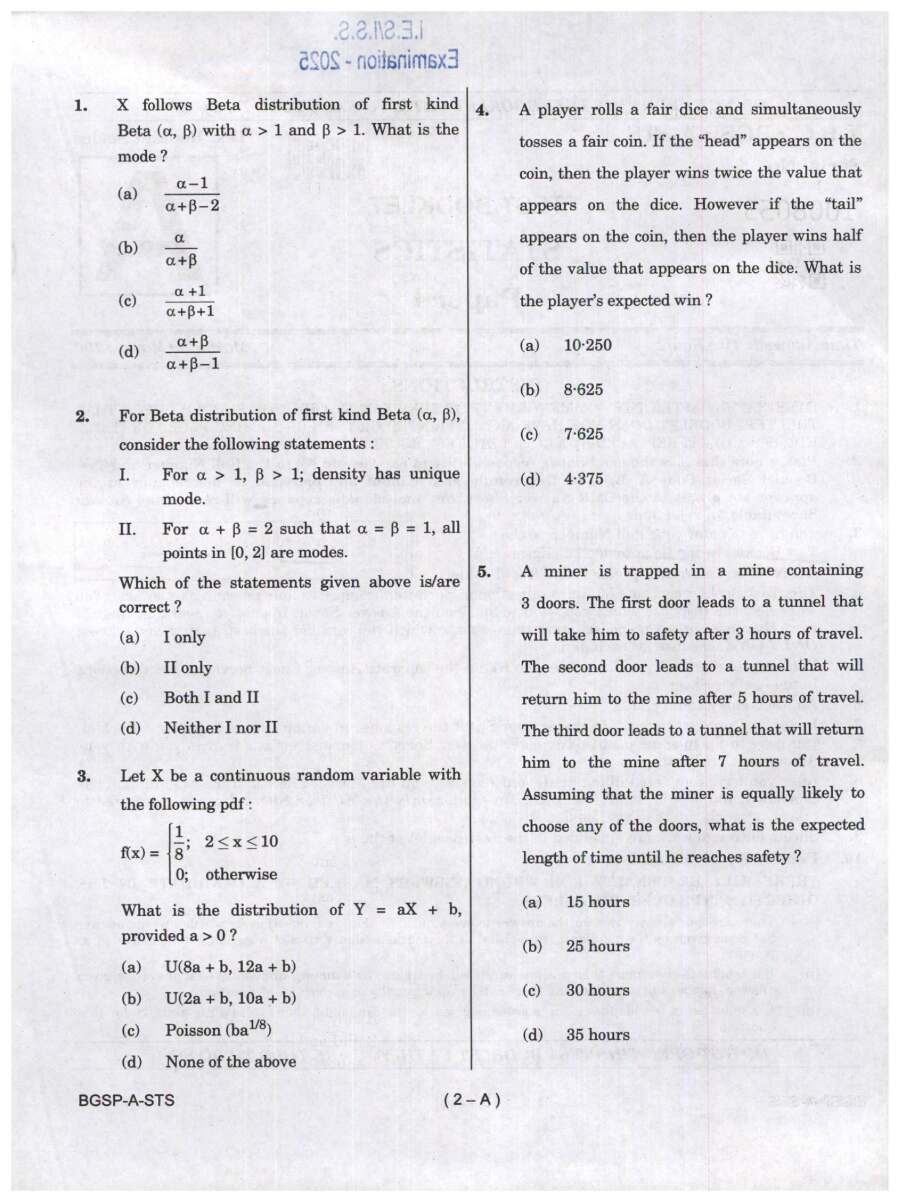 IES ISS 2025 Statistics Paper I question paper page 1 instructions scan PDF download UPSC exam
